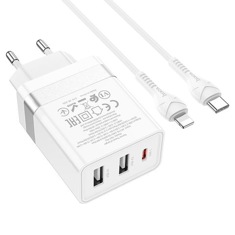 Мережевий зарядний пристрій Hoco N21 Pro, 30 Вт, Power Delivery (PD), білий, з кабелем USB тип-C до Lightning для Apple, 3 порта, #6931474778796 Прев'ю 2