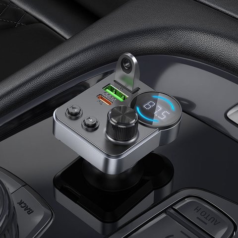 FM-трансмітер Hoco E86, чорний, з кнопкою, з дисплеєм, USB тип-C, USB тип-A, 3 порта, 48 Вт, Quick Charge, Power Delivery (PD), #6942007646956 Прев'ю 3