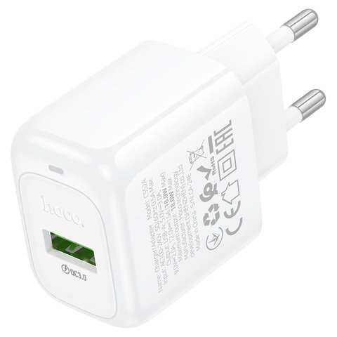 Мережевий зарядний пристрій Hoco CS52A, 18 Вт, Quick Charge, білий, 1 порт, #69420007631457 Прев'ю 1