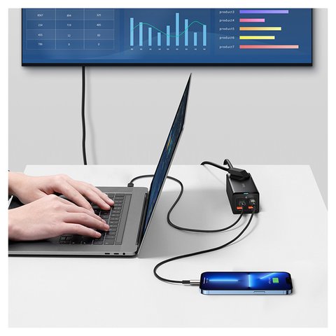 Adaptador de red Baseus GaN3 Pro Desktop, 100 W, Quick Charge, negro, con un zócalo, con cable USB tipo C - USB tipo C, 4 puertos, 1.5 m, #PSZM000401 Vista previa  2